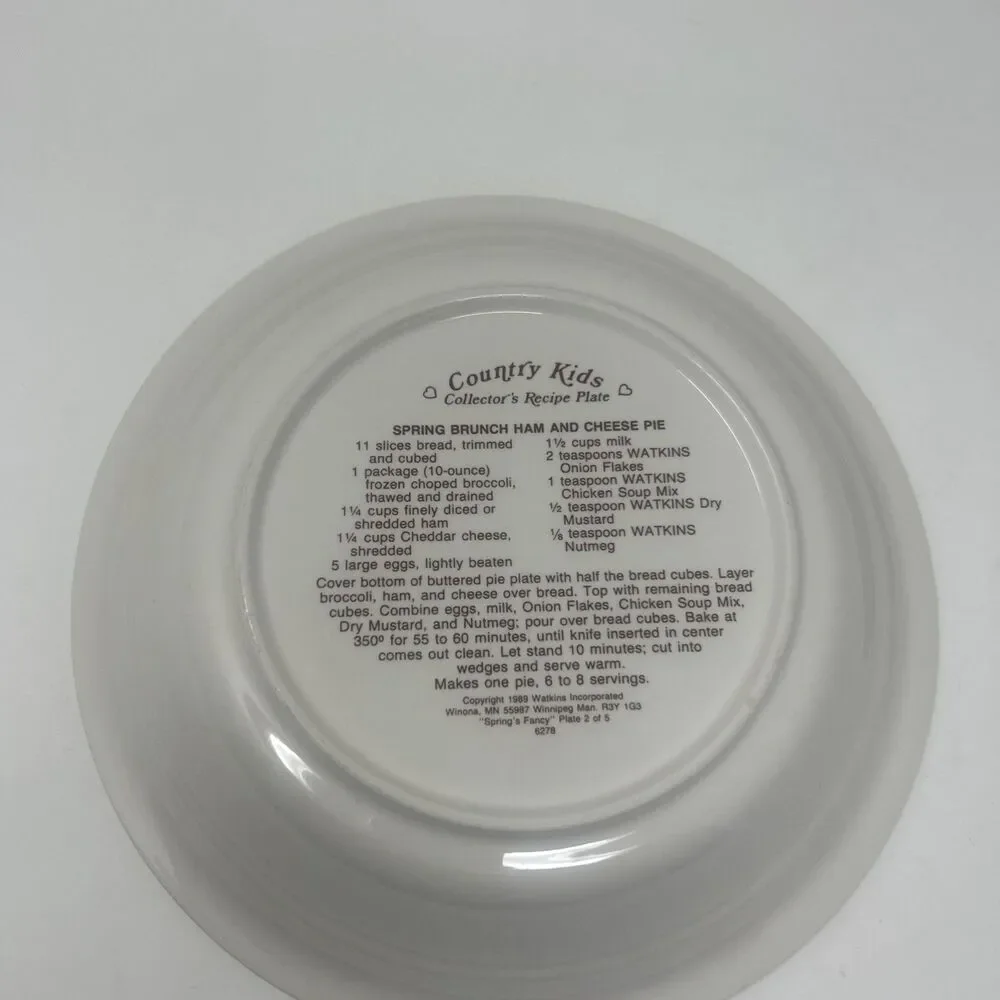 Watkins COUNTRY KIDS Recipe Pie Plate Spring Brunch Ham & Cheese Pie 1989 READ